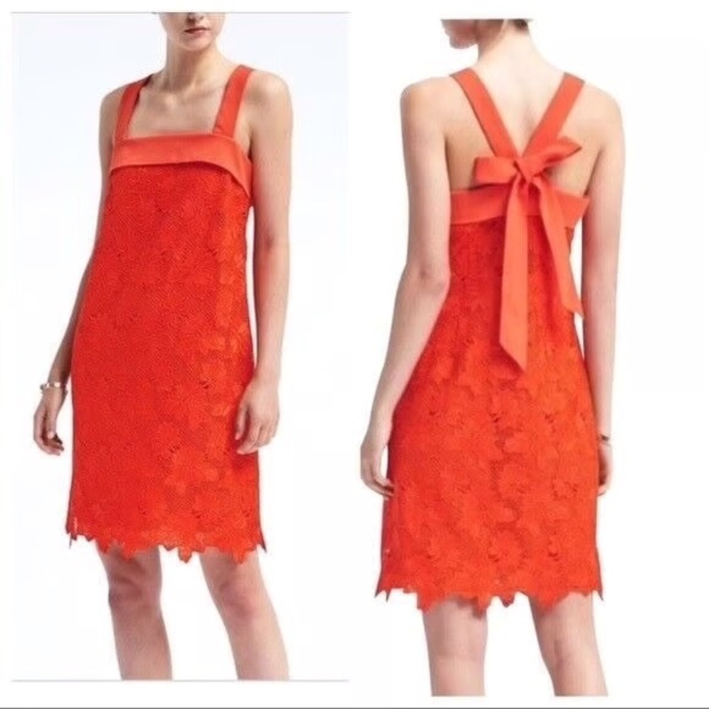 Banana Republic Sheath Dress Lace Overlay Bow‎ Vacation Tropical Orange Size 2
